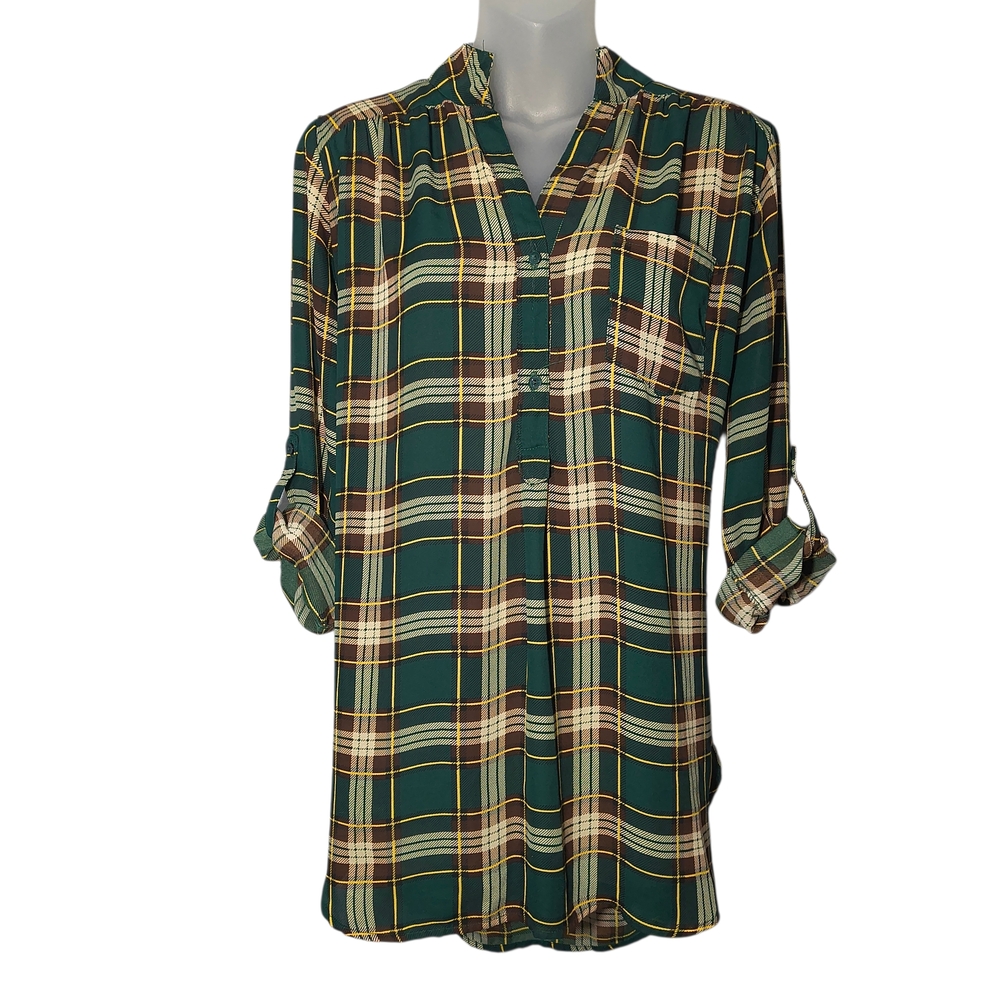 Large Green Brown Plaid Roll Tab Sleeve Partial Button Tunic Shirt Cowgirl Fall